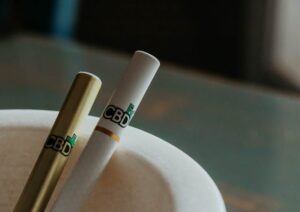 Two CBD vape pens resting in a white ceramic ashtray on a teal surface